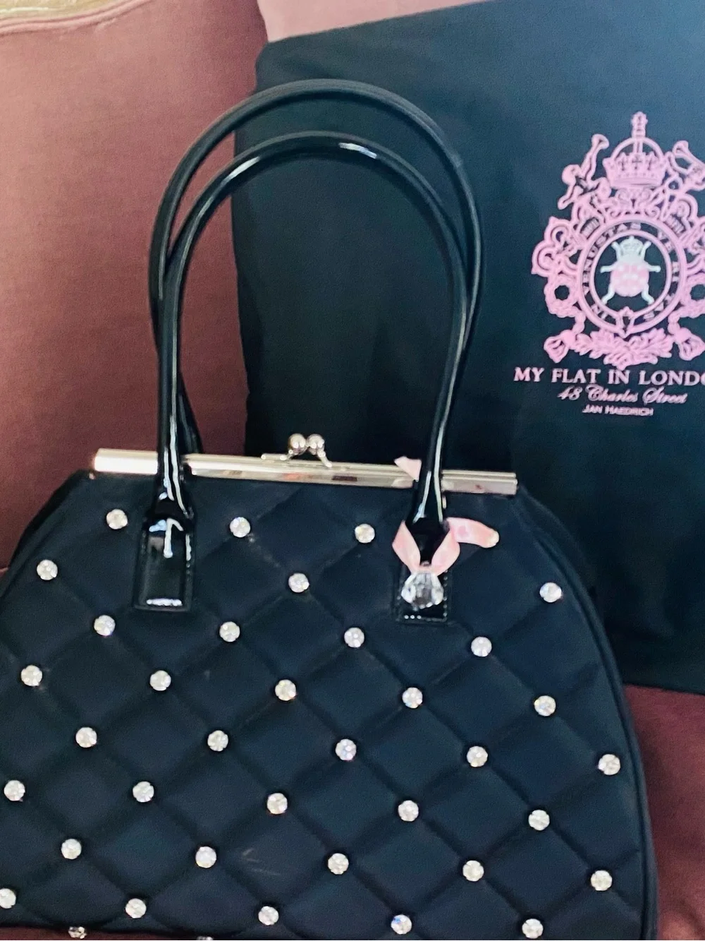My Flat in London Black Quilted Satchel with Pink Bow and Crystal Crown